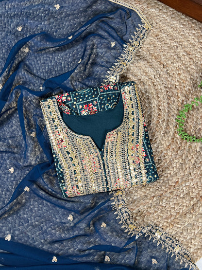 Teal Rayon Embroidered Salwar Suit with Organza Dupatta – Sequins & Thread Work