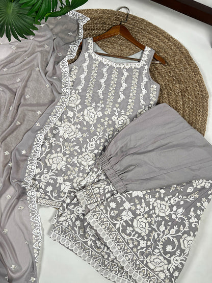 Grey Star Georgette Embroidered Salwar Suit with Sequins Work & Dupatta