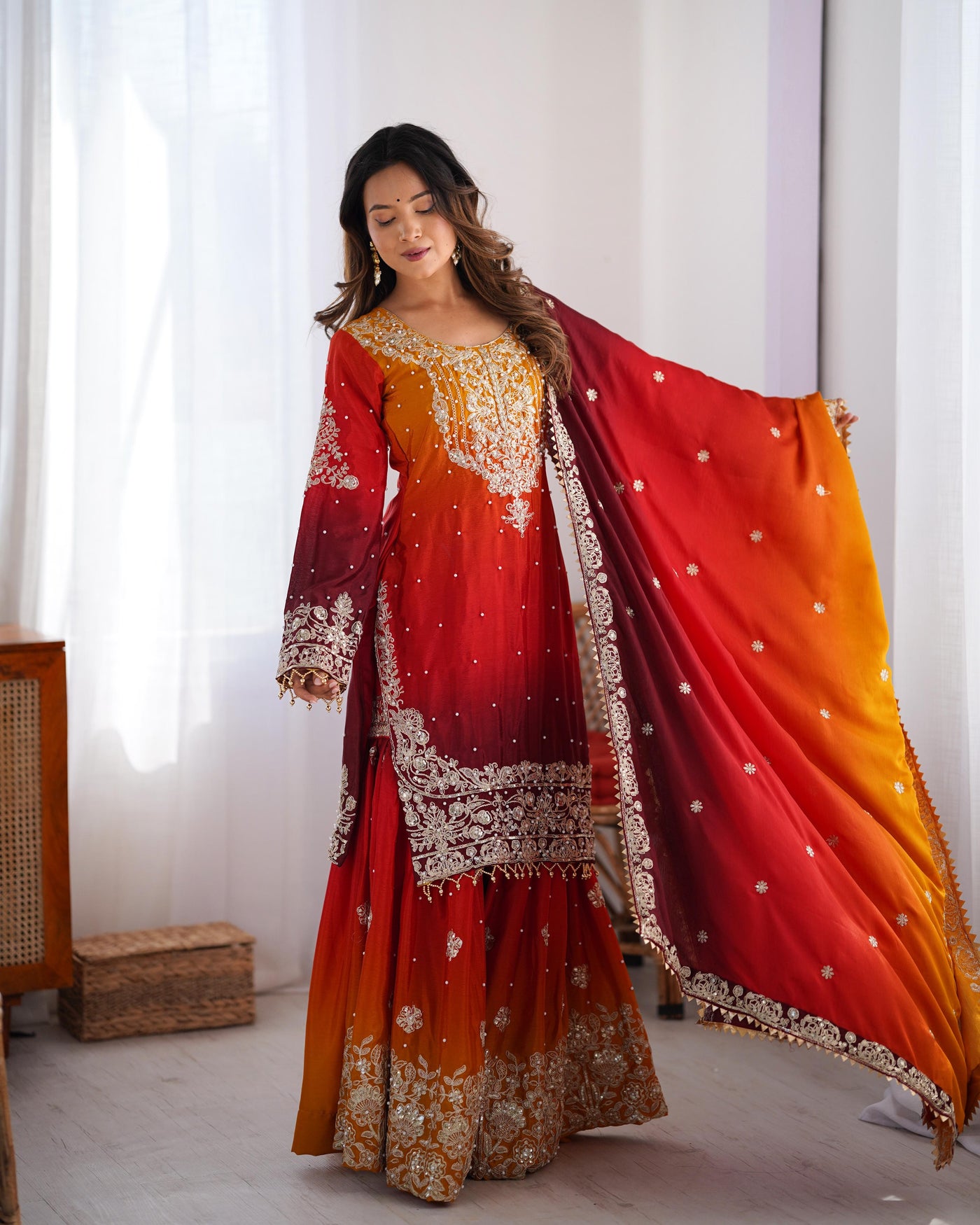 Red Wine Color Wedding Wear Chinon Silk Plazzo Dress