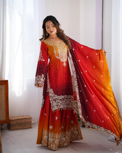 Red Wine Color Wedding Wear Chinon Silk Plazzo Dress