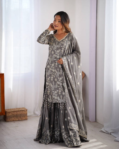 Grey Color Designer Chinon Silk Sharara Set