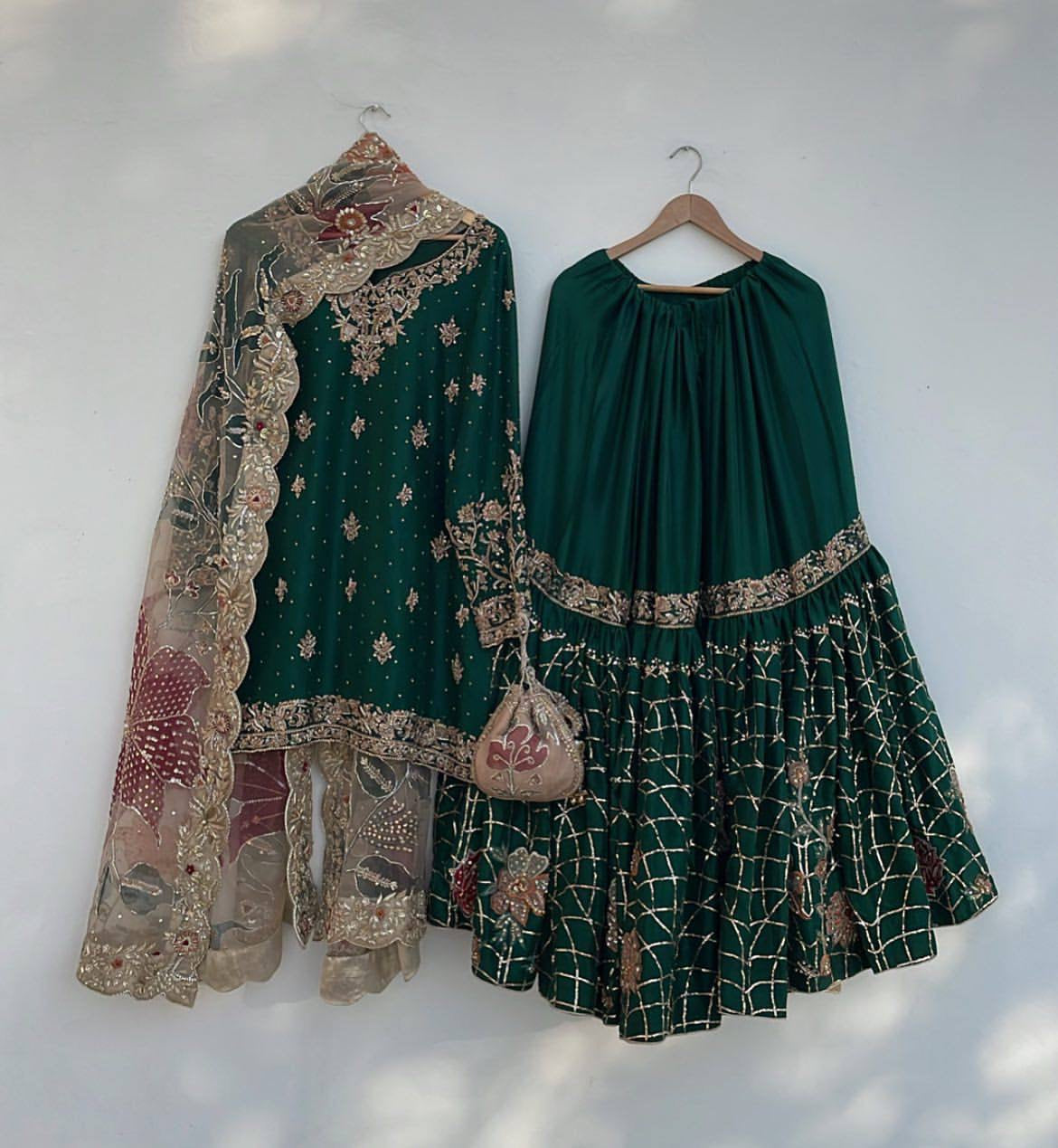 Green Heavy Chinon Suit with Full Flair Sharara & Dupatta