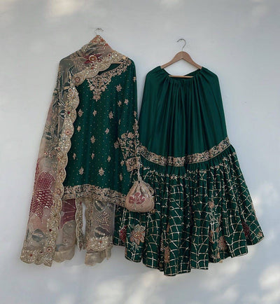 Green Heavy Chinon Suit with Full Flair Sharara & Dupatta