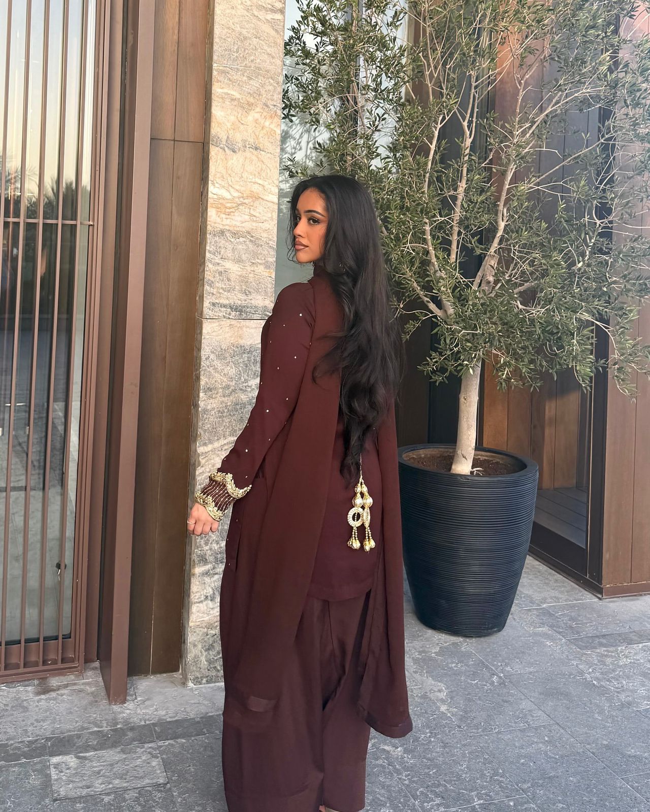 Brown Georgette Farshi With Fancy Dupatta