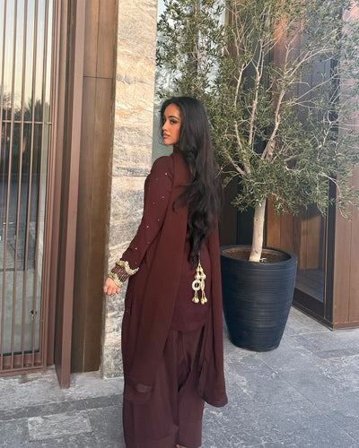 Brown Georgette Farshi With Fancy Dupatta