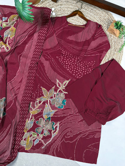 Roman Silk Floral Print Salwar Suit with Beads Handwork & Dupatta – Premium Ethnic Set