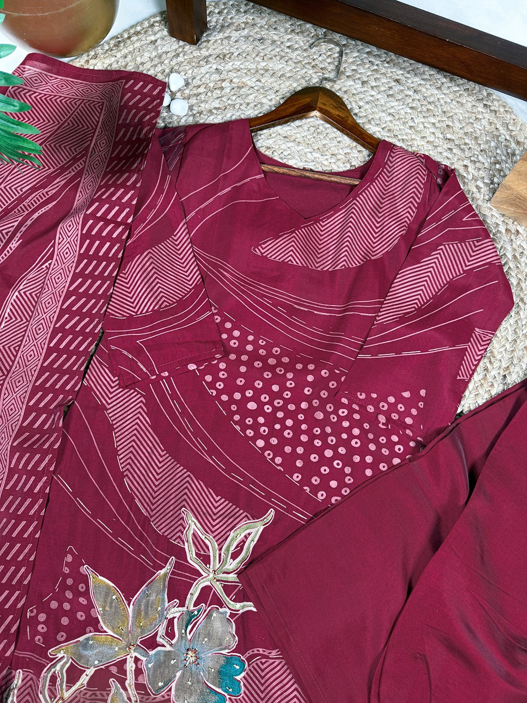 Roman Silk Floral Print Salwar Suit with Beads Handwork & Dupatta – Premium Ethnic Set