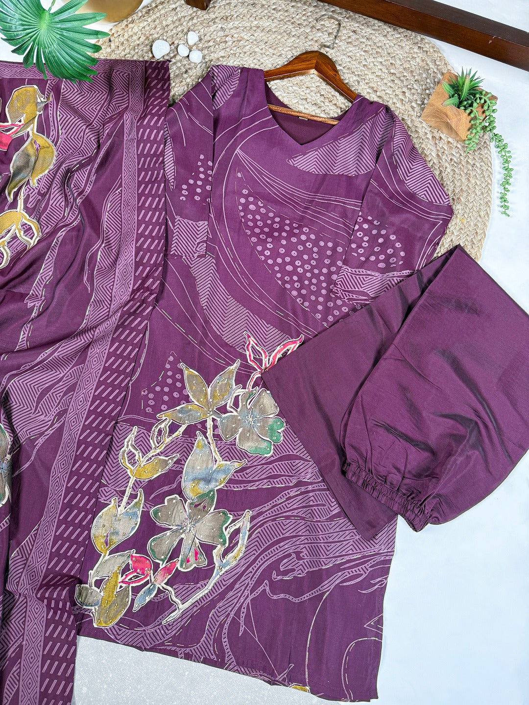 Roman Silk Floral Print Salwar Suit with Beads Handwork & Dupatta – Premium Ethnic Set