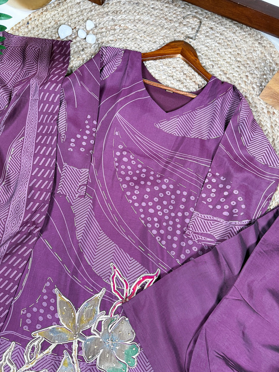 Roman Silk Floral Print Salwar Suit with Beads Handwork & Dupatta – Premium Ethnic Set