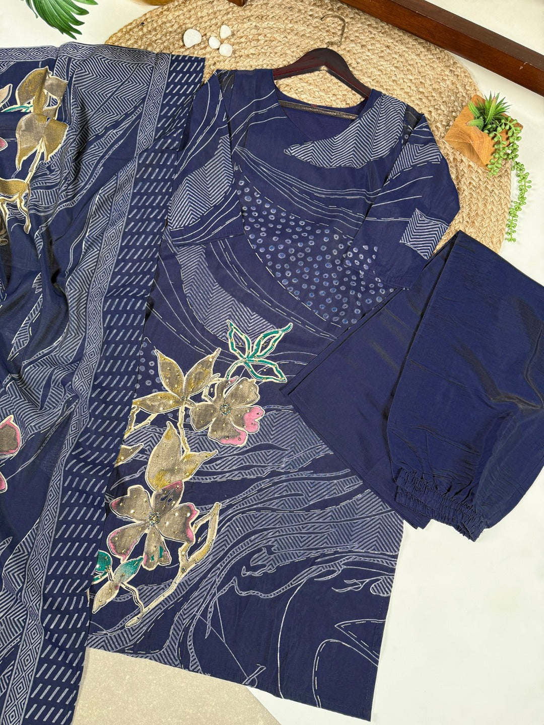 Roman Silk Floral Print Salwar Suit with Beads Handwork & Dupatta – Premium Ethnic Set