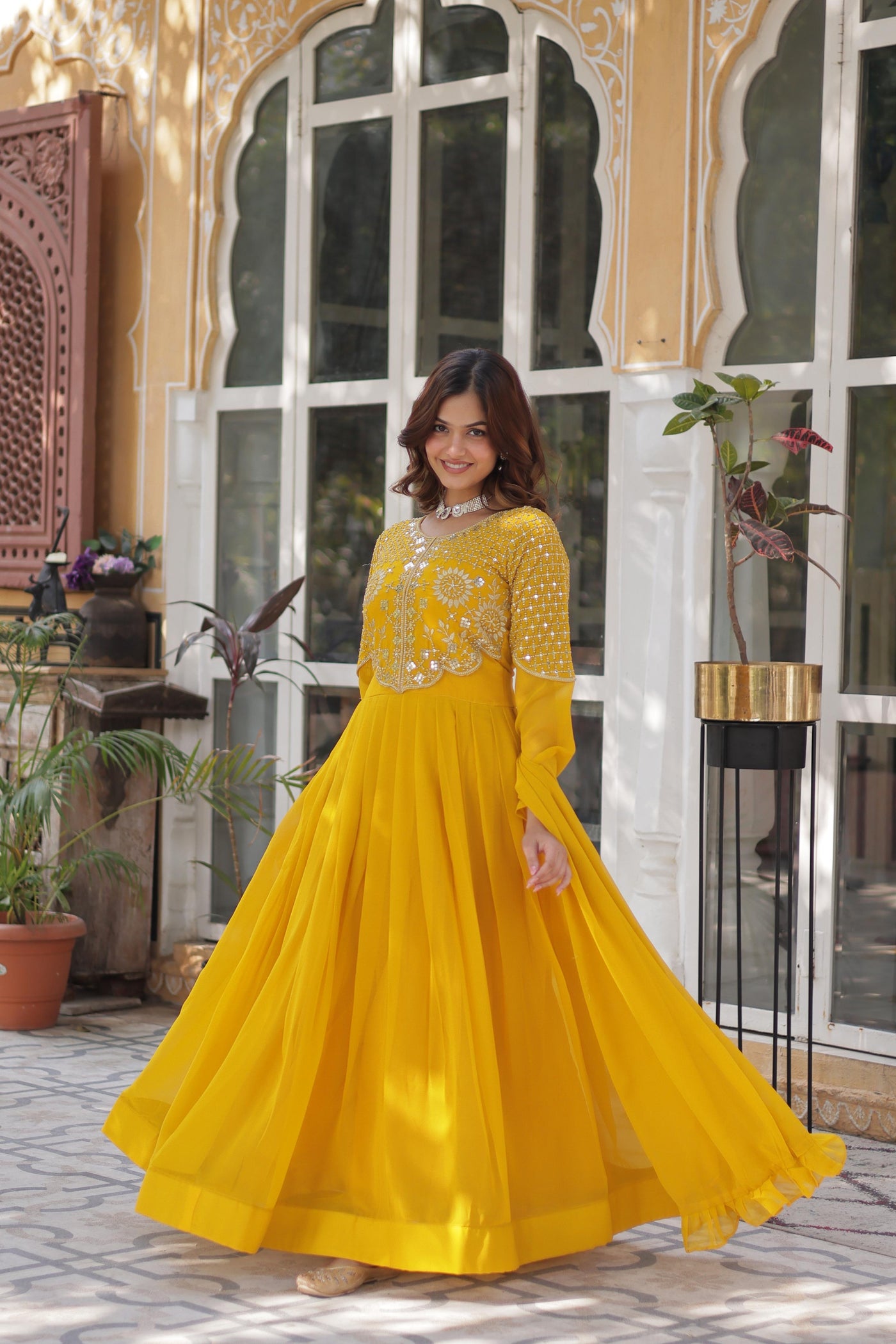 Yellow Ethnic Georgette Gown With Fancy Dupatta