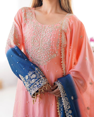 LIGHT PINK WITH BLUE WEDDING WEAR CHINON SILK PLAZZO DRESS