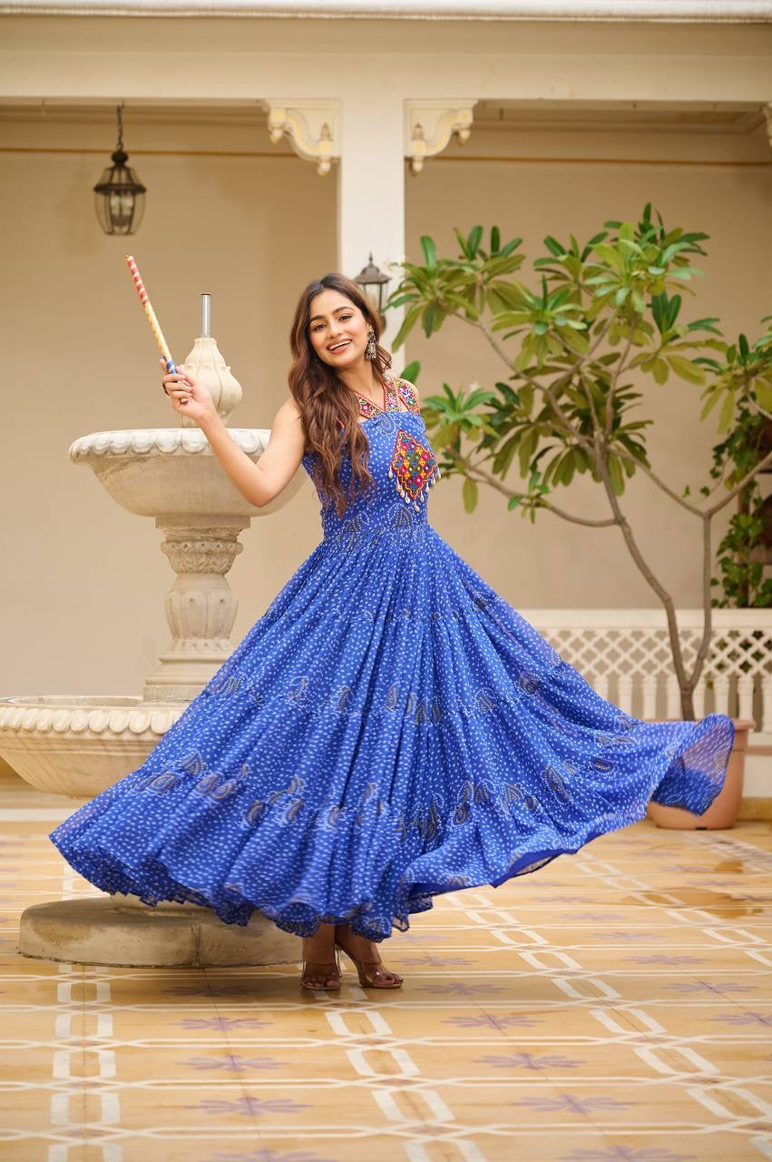 Blue Navratri Bandhani Print Gown