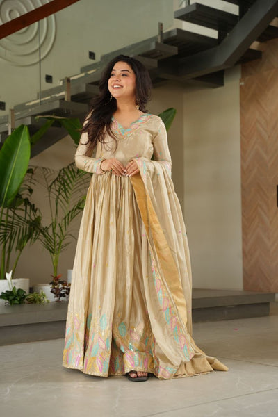 Chinnon Fabric Gown With Sequins & Multi-Thread Embroidered Dupatta