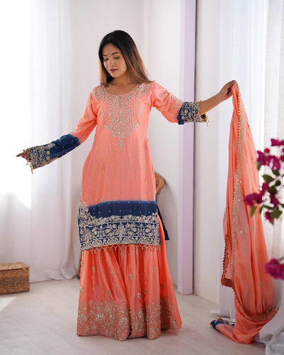 LIGHT PINK WITH BLUE WEDDING WEAR CHINON SILK PLAZZO DRESS