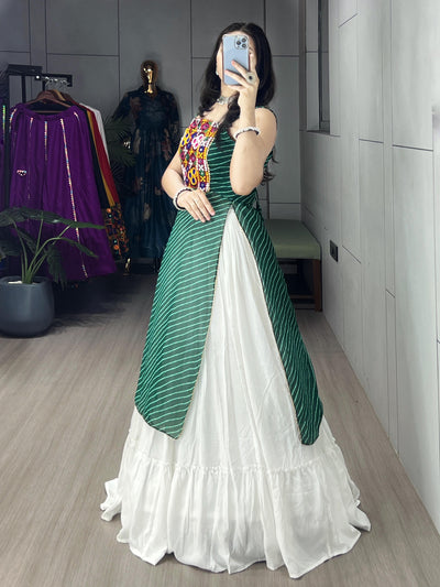 Green Color Georgette Leheriya Printed Kurti With Traditional Lehenga