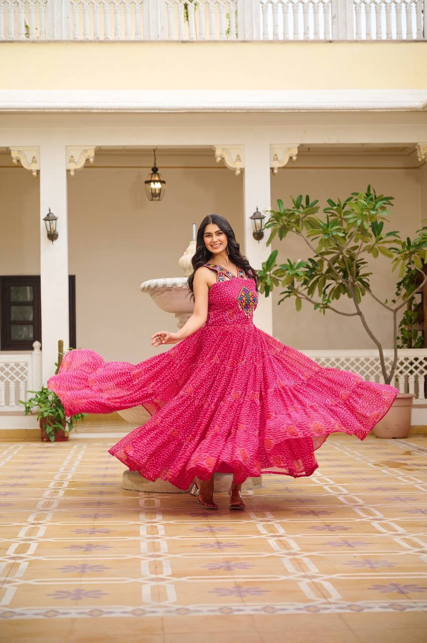 Pink Navratri Bandhani Print Gown