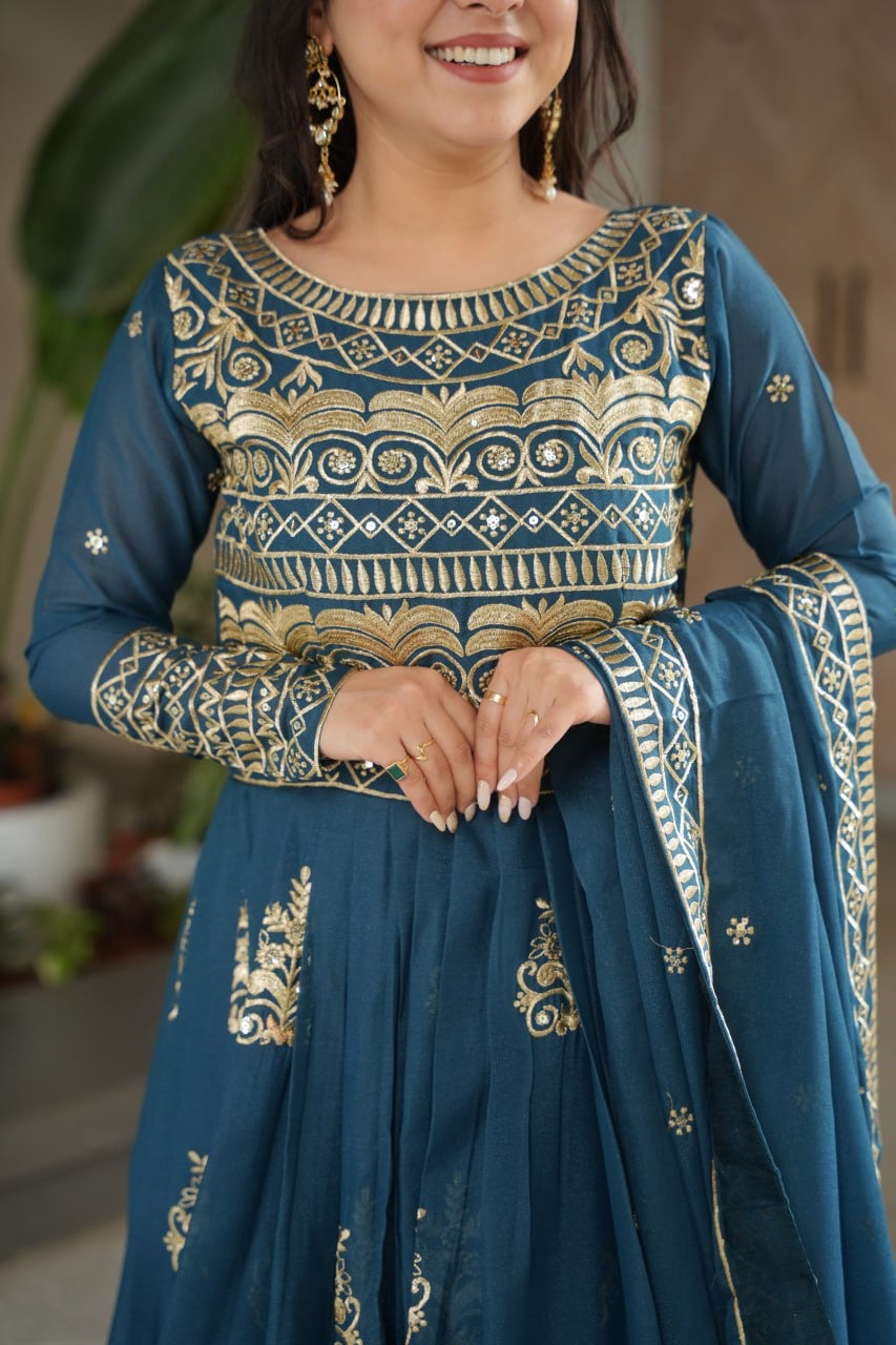 Green Teal Color Chinon Gown With Embroidery Dupatta