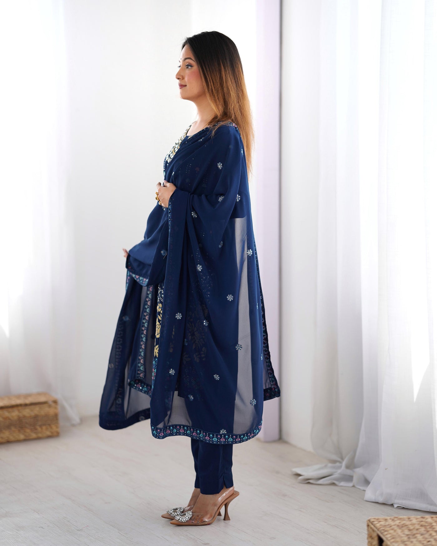 Royal Blue Color Faux Georgette Suit With Fancy Dupatta