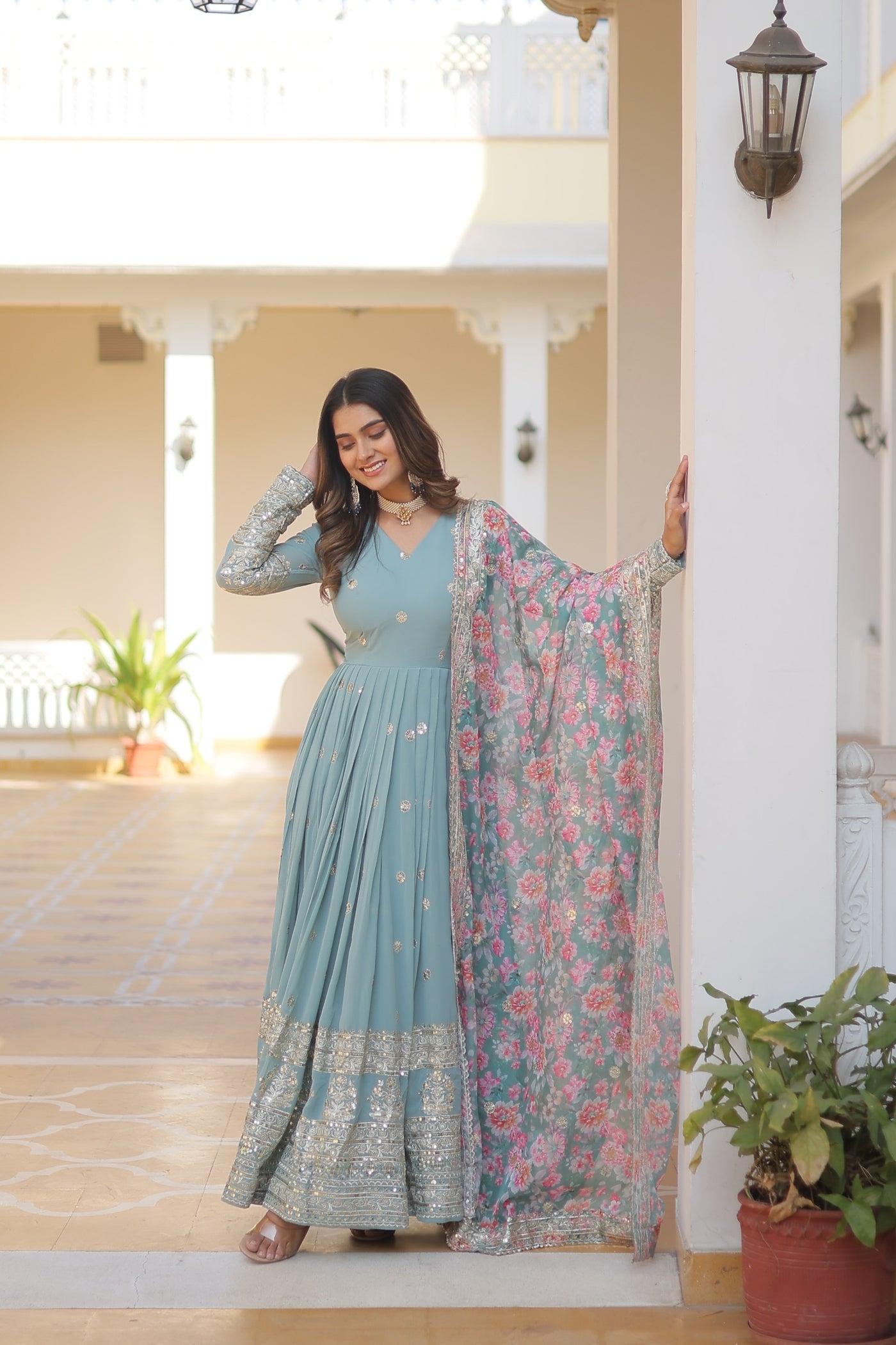Botticelli Color Heavy Embroidery Gown With Printed Dupatta