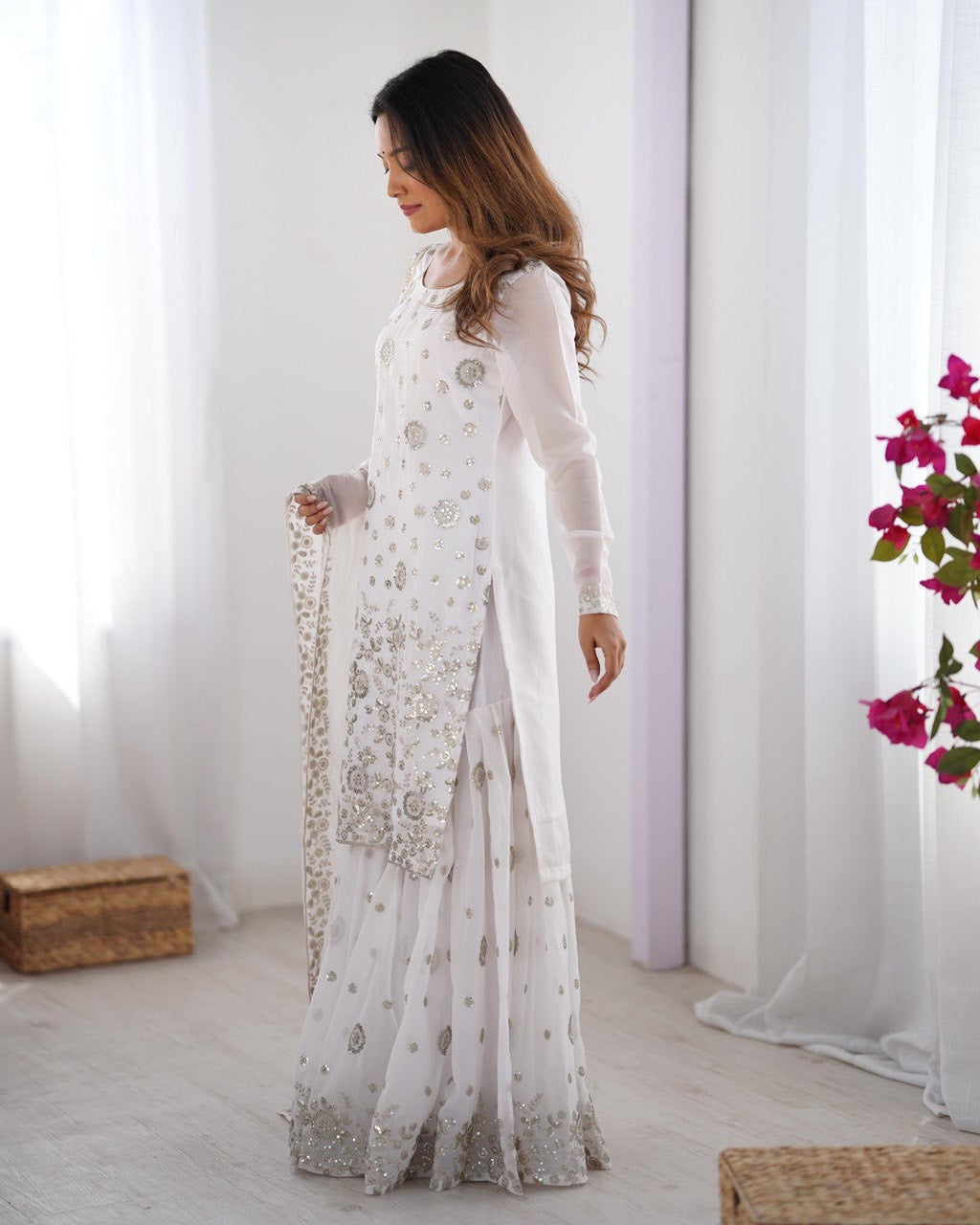 WHITE PARTYWEAR SHARARA SUIT WITH DUPATTA
