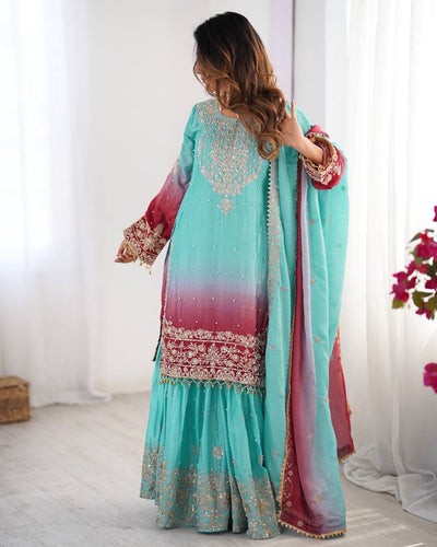 SKY COLOR WEDDING WEAR CHINON SILK PLAZZO DRESS