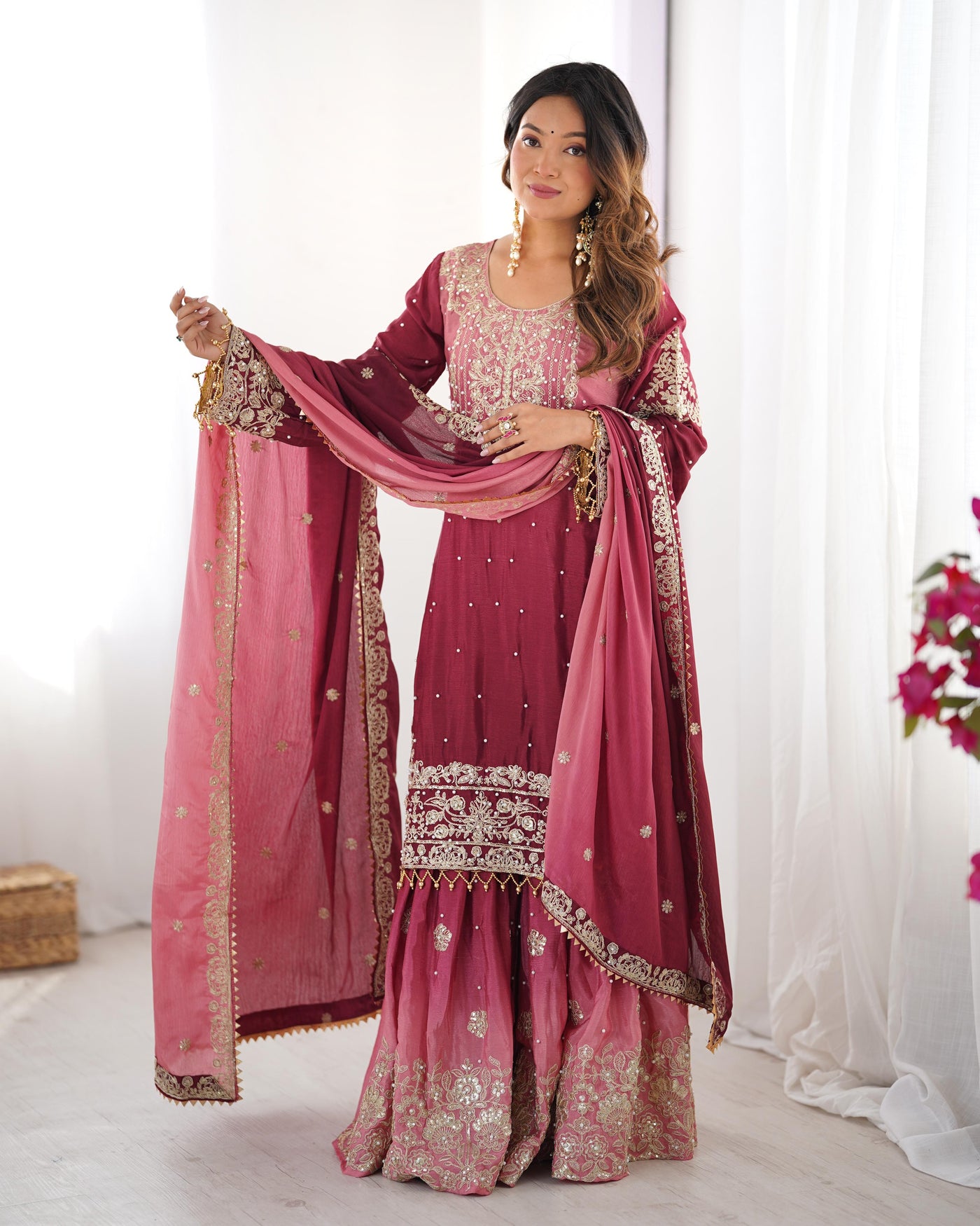 Solid Pink Color Wedding Wear Chinon Silk Plazzo Dress