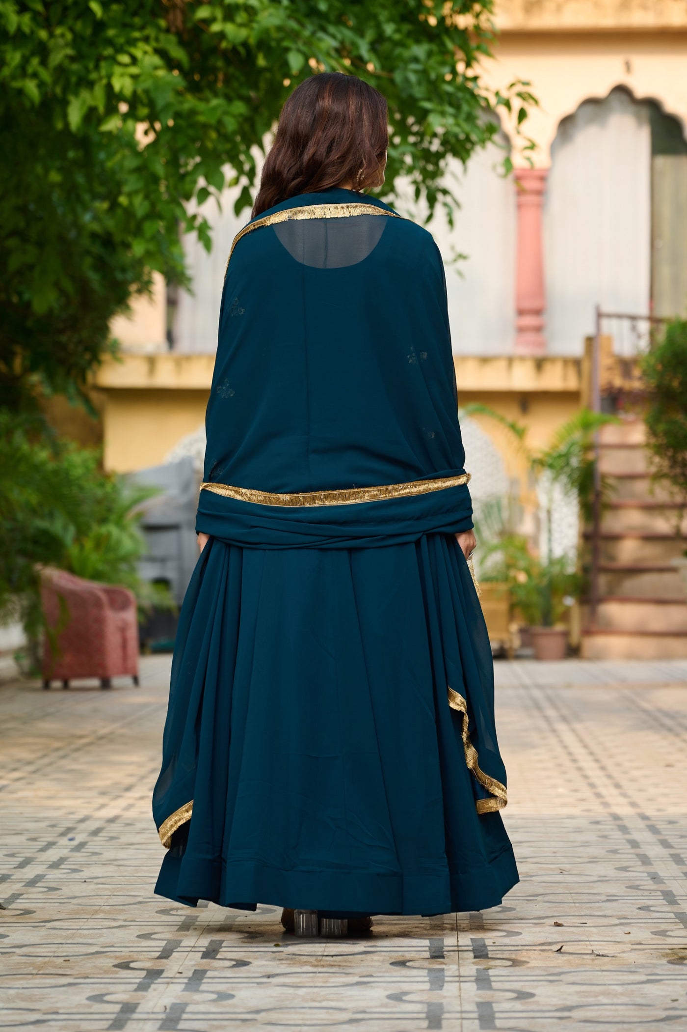 Charming Ethnic Gown With Multi-Thread Work And Zari Lace Dupatta