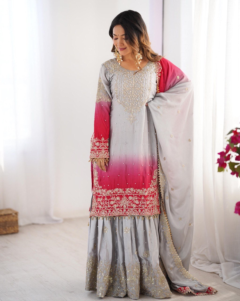 Dusty Pink Color Wedding Wear Chinon Silk Plazzo Dress