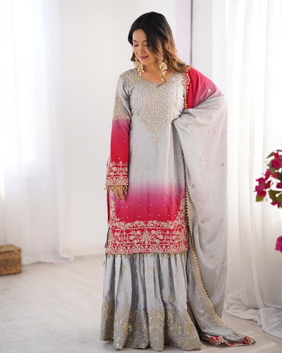 Dusty Pink Color Wedding Wear Chinon Silk Plazzo Dress