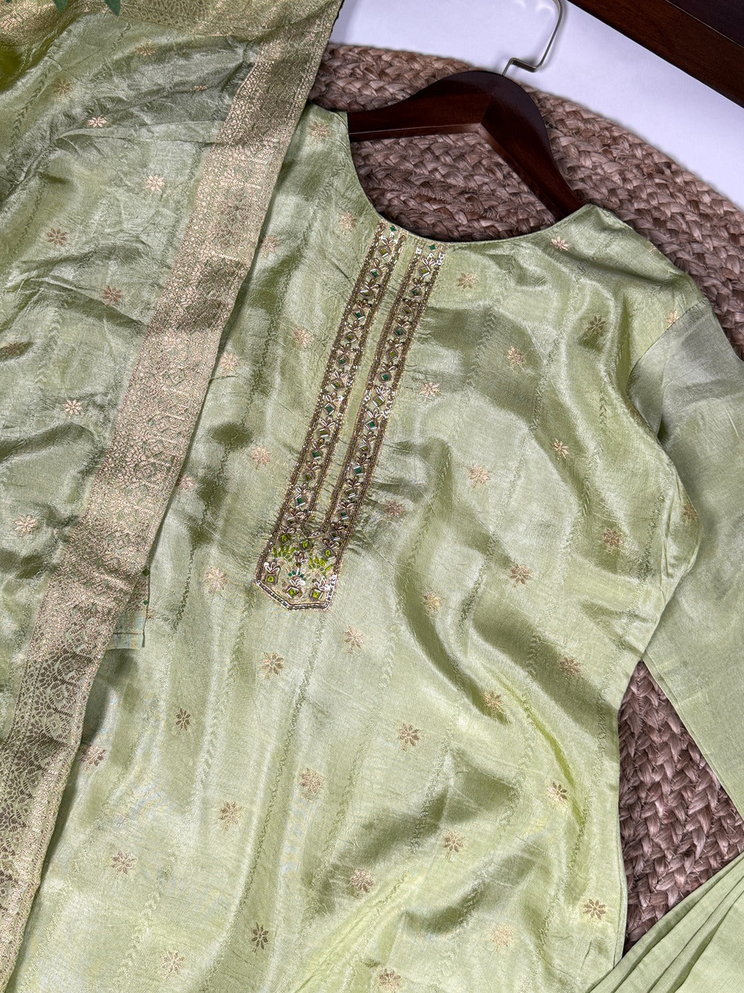 Pastel Green Pure Viscose Zari Weaving Suit with Dupatta