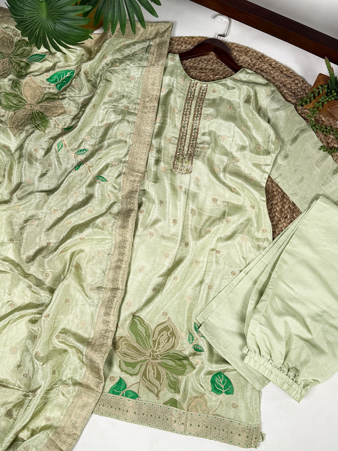 Pastel Green Pure Viscose Zari Weaving Suit with Dupatta