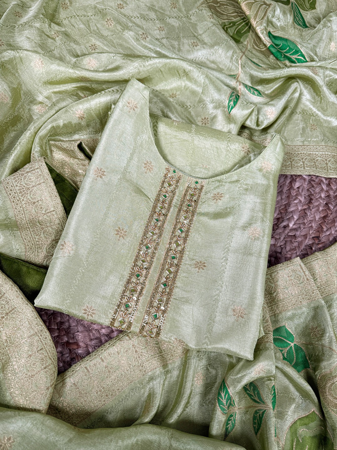 Pastel Green Pure Viscose Zari Weaving Suit with Dupatta