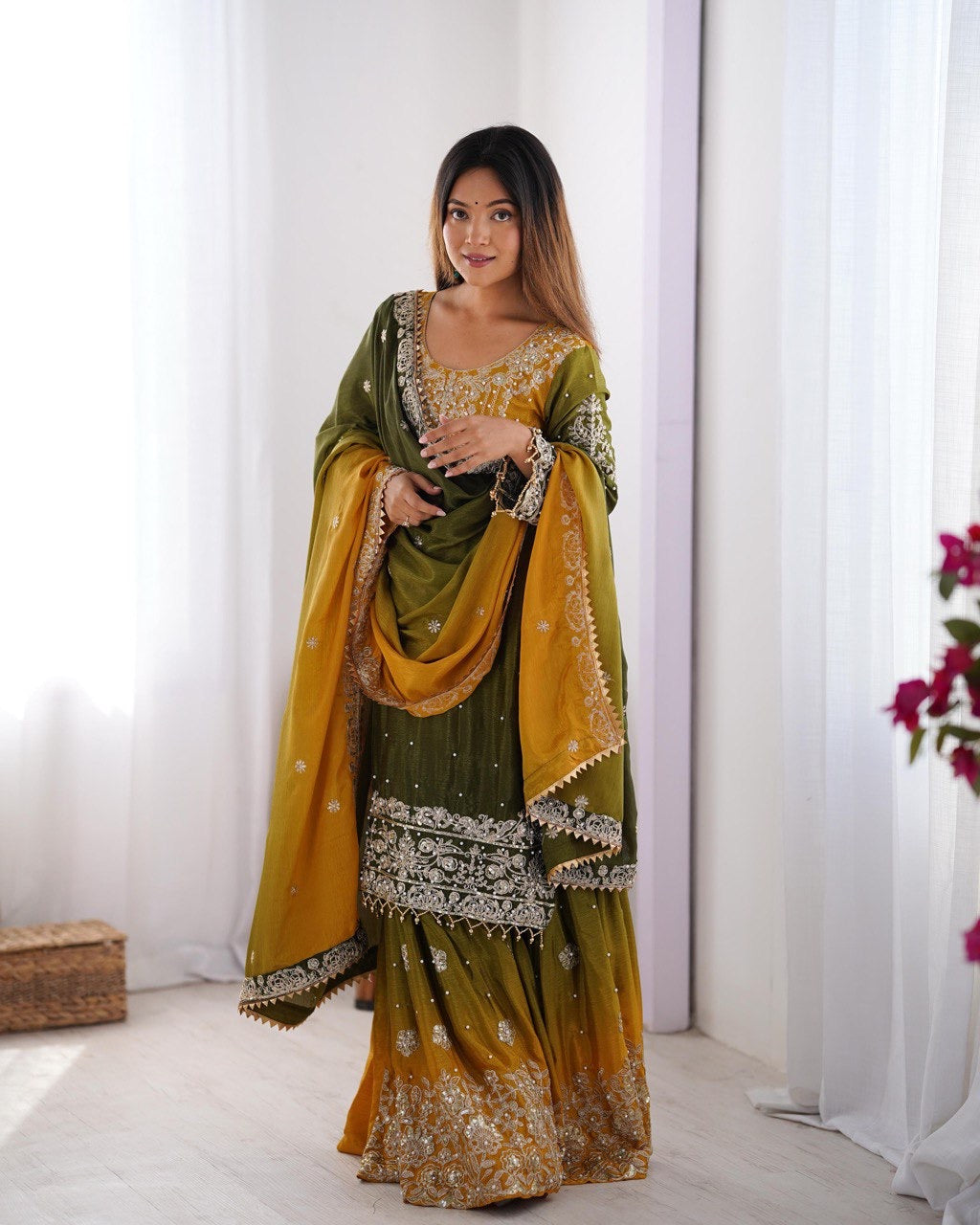 GREEN WITH YELLOW WEDDING WEAR CHINON SILK PLAZZO DRESS