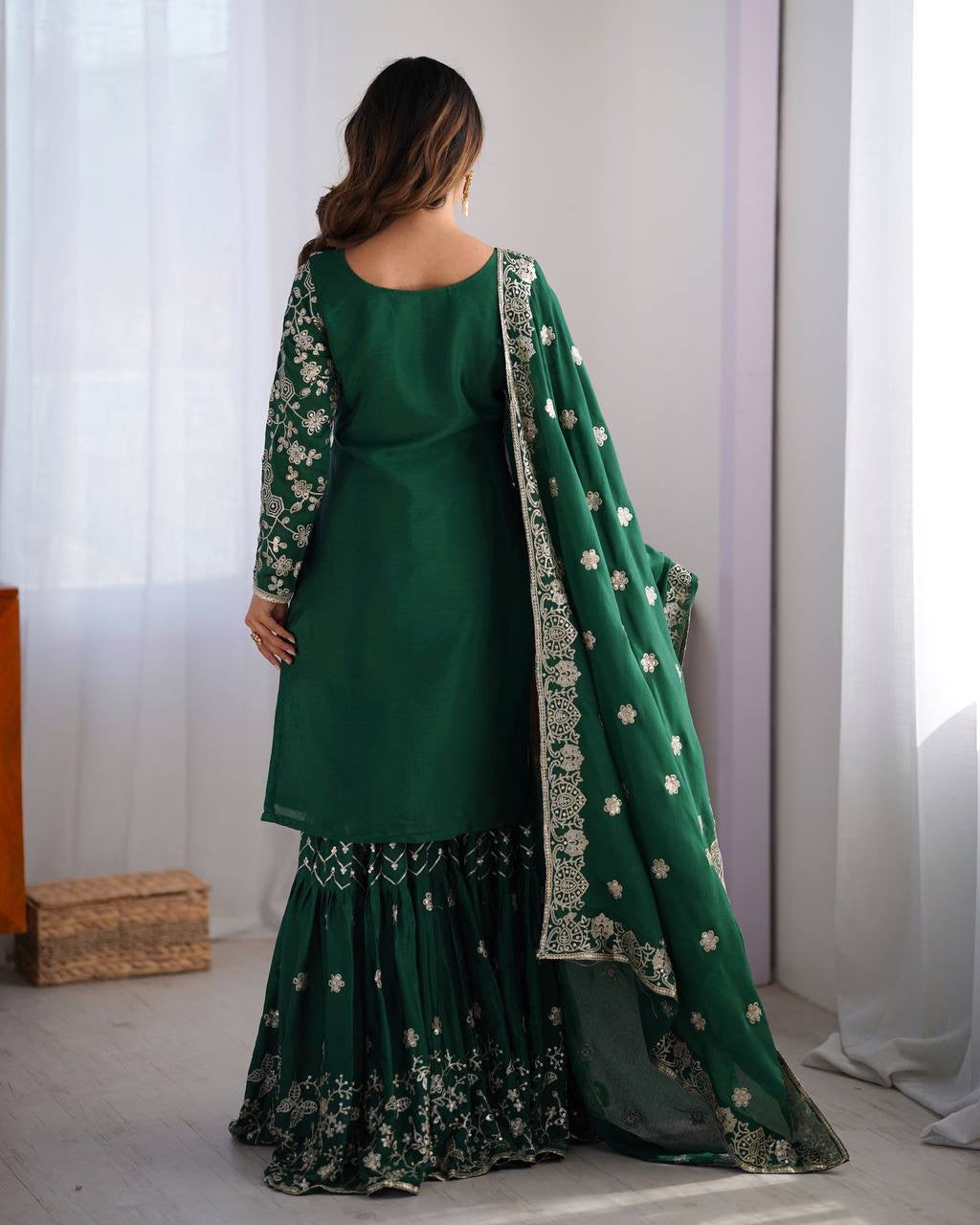 Green Color Designer Chinon Silk Sharara Set