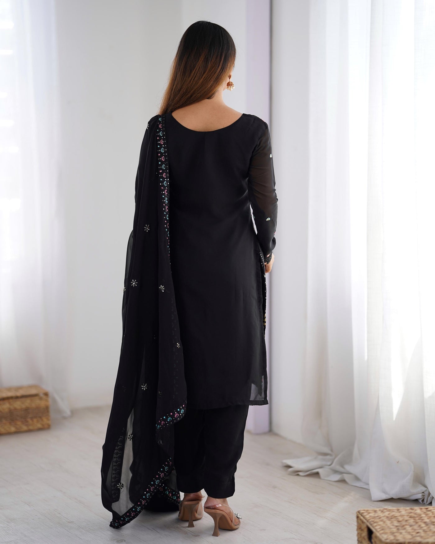 Black Color Faux Georgette Suit With Fancy Dupatta