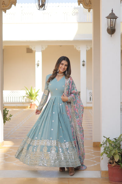 Botticelli Color Heavy Embroidery Gown With Printed Dupatta