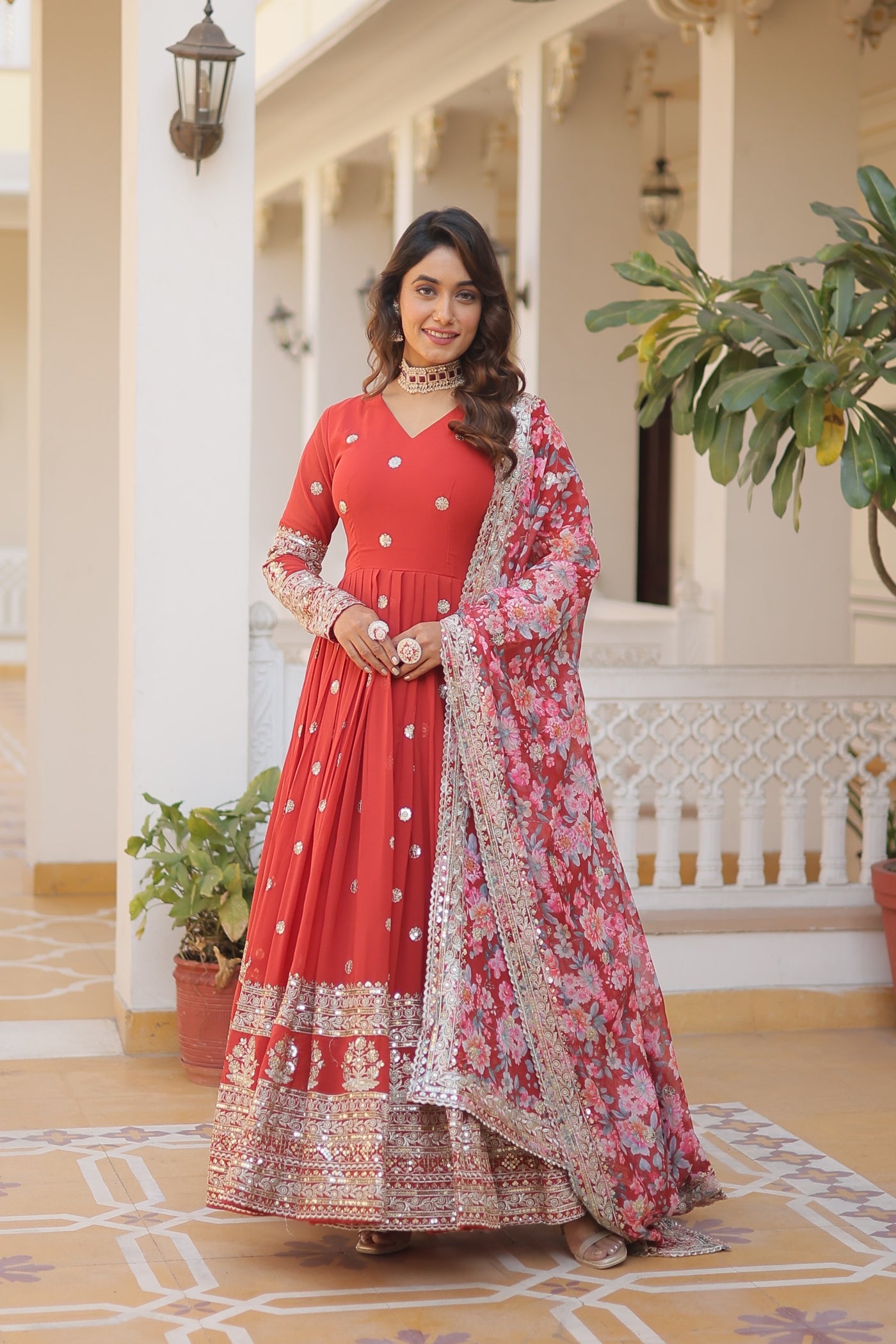 Rust Color Heavy Embroidery Gown With Printed Dupatta