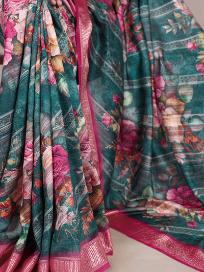 Elegant Tussar Silk Printed Saree With Viscose Border And Unstitched Blouse