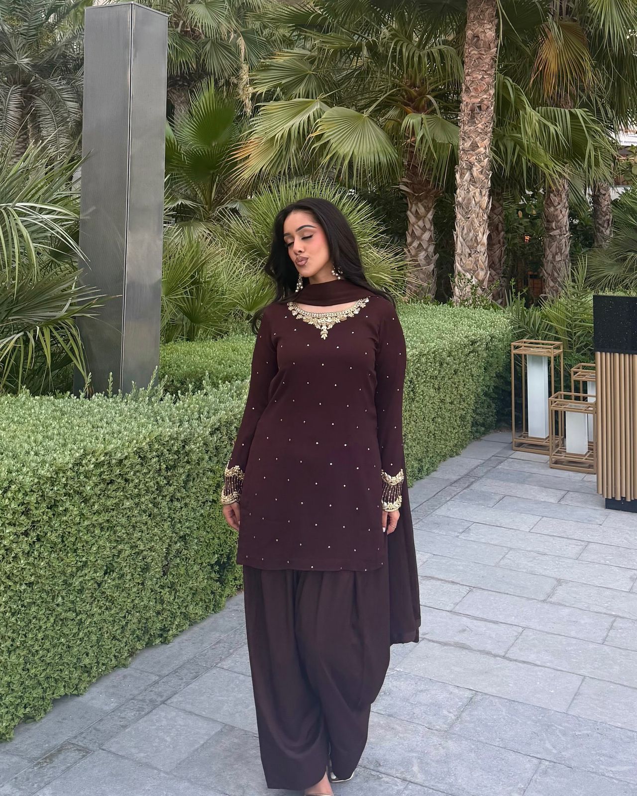 Brown Georgette Farshi With Fancy Dupatta