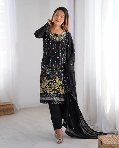 Black Color Faux Georgette Suit With Fancy Dupatta