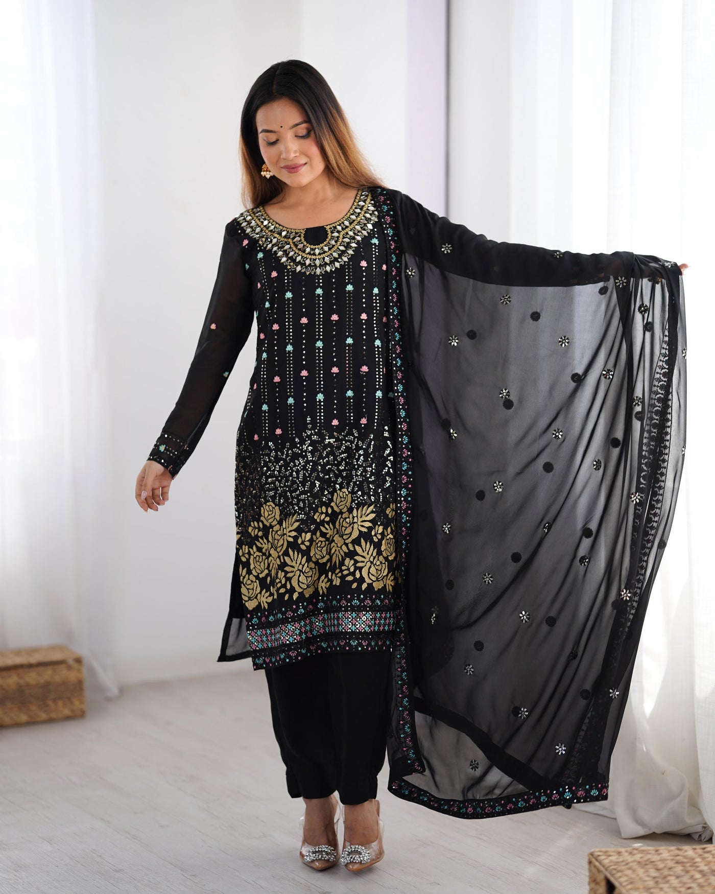 Black Color Faux Georgette Suit With Fancy Dupatta