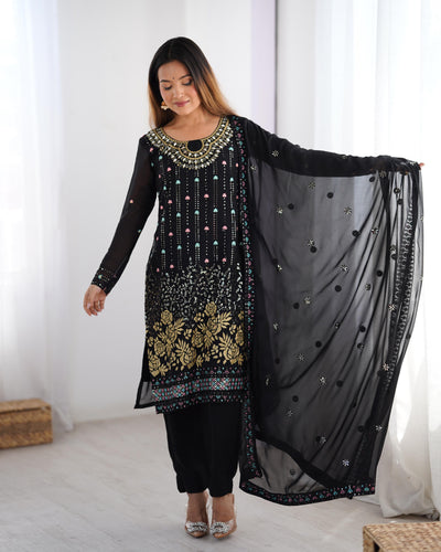 Black Color Faux Georgette Suit With Fancy Dupatta