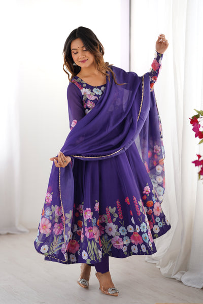 Floral Printed Organza Anarkali Suit Set With Matching Dupatta
