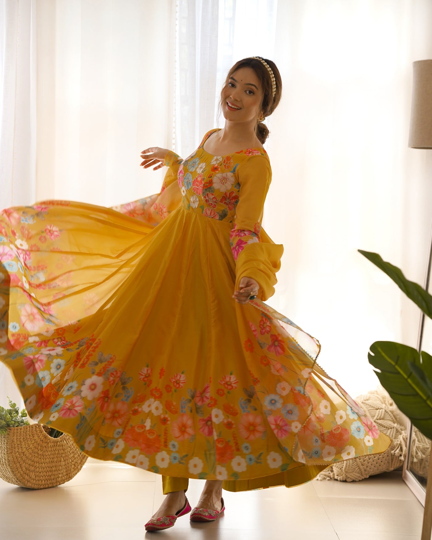 Floral Printed Organza Anarkali Suit Set With Matching Dupatta