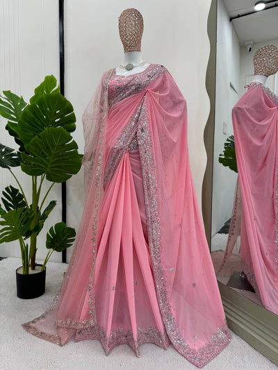 Pink Embroidery Saree With Silver Accents
