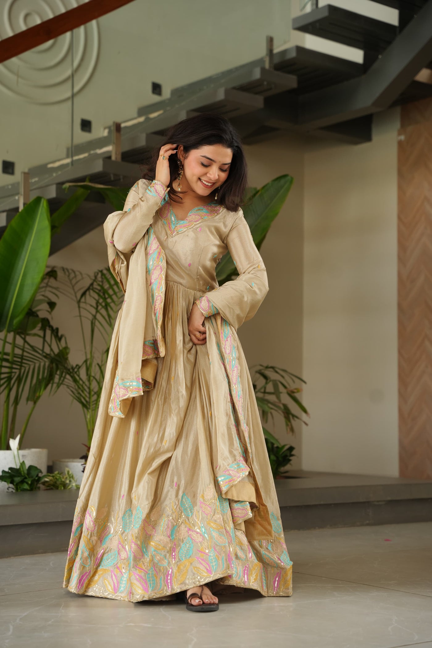 Chinnon Fabric Gown With Sequins & Multi-Thread Embroidered Dupatta