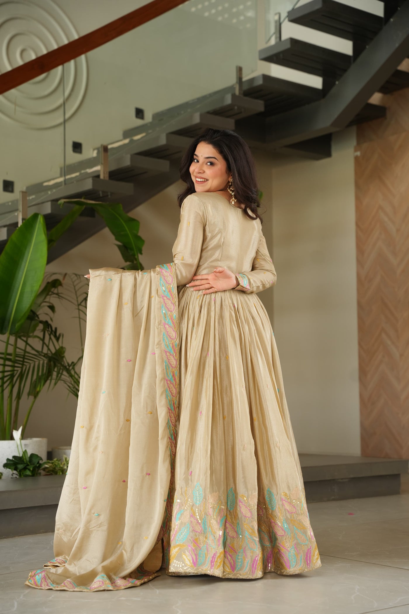 Chinnon Fabric Gown With Sequins & Multi-Thread Embroidered Dupatta
