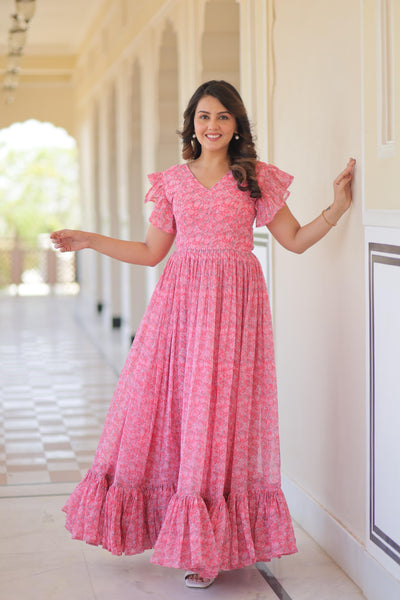 Pink Color Floral Print Flaired Gown
