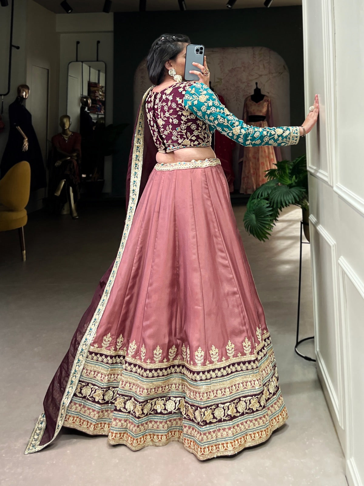 Peach Moonga Silk Lehenga Set with Sequins & Embroidered Organza Dupatta